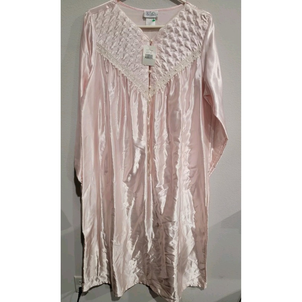 Character Pink Floral Satin Lace Trim Modest Nightgown Size M Vintage NWT‎